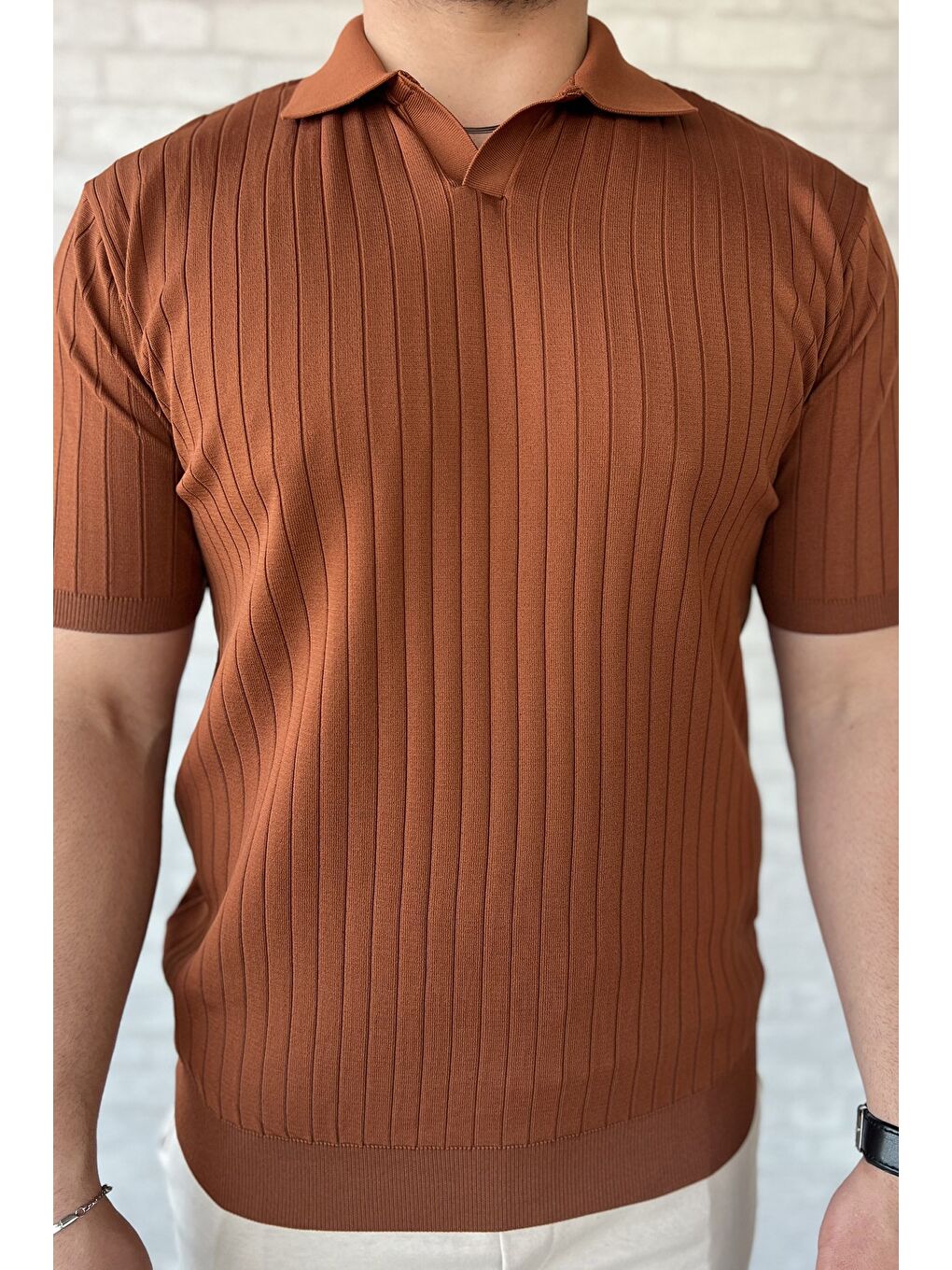 Kahverengi Erkek Polo Yaka Kendinden Çizgi Desenli Triko Tişört-3