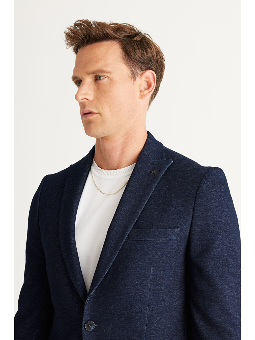 Erkek Lacivert Slim Fit Dar Kesim Kırlangıç Yaka Desenli Takım Elbise-7