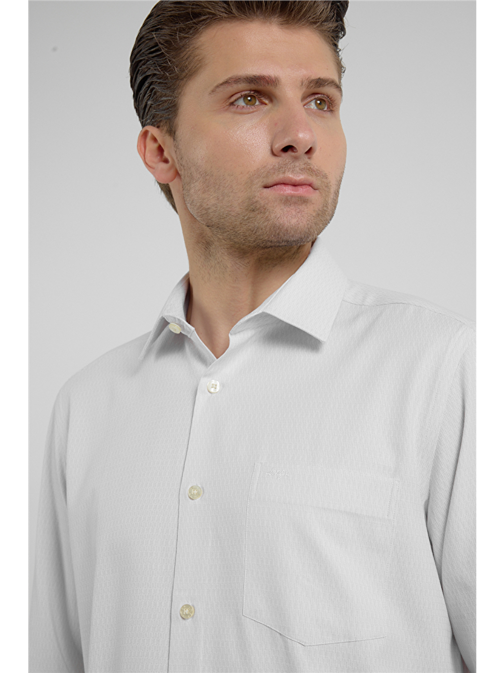 Bej-Beyaz Kendinden Desenli Sert Yaka Uzun Kol Cepli Comfort Fit Pamuklu Gömlek 1004255226-3