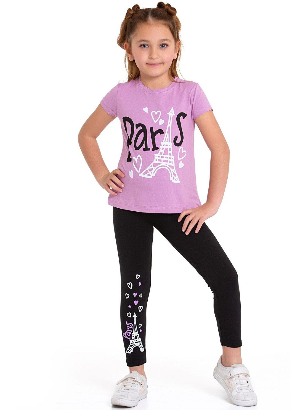 Paris Yazı Baskılı Lila Renk Kız Çocuk Taytlı Takım