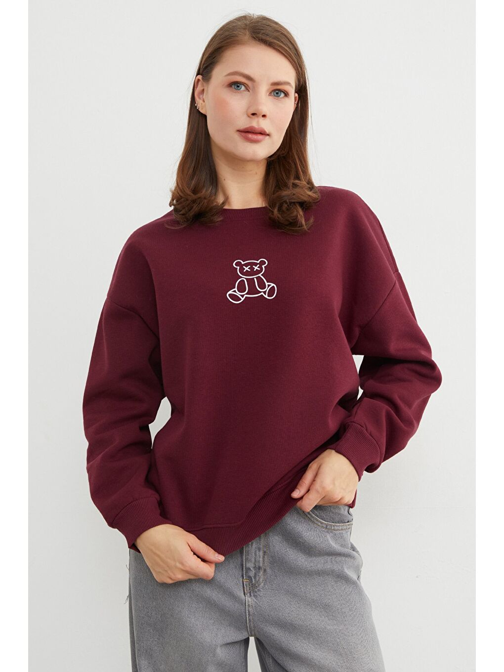 Bordo 3 İplik Ayıcık Baskılı Bisiklet Yaka Sweatshirt