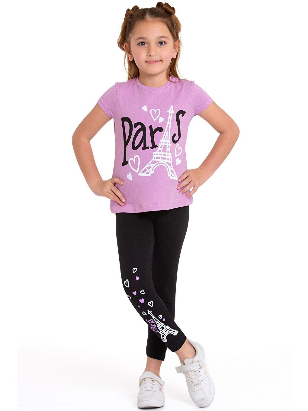 Paris Yazı Baskılı Lila Renk Kız Çocuk Taytlı Takım-1