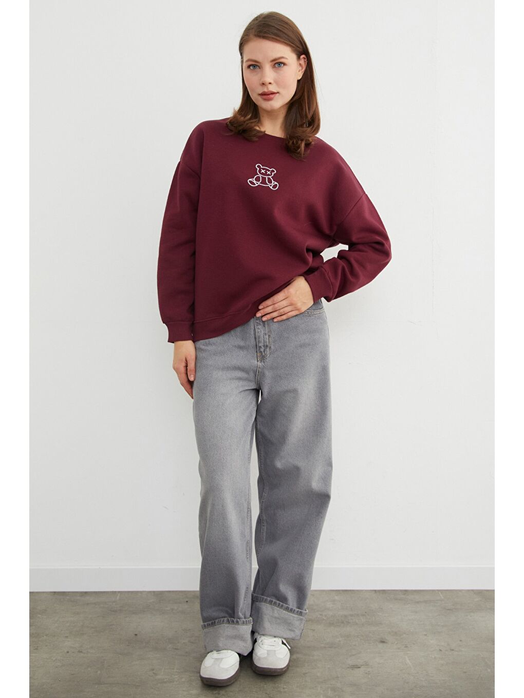Bordo 3 İplik Ayıcık Baskılı Bisiklet Yaka Sweatshirt-1