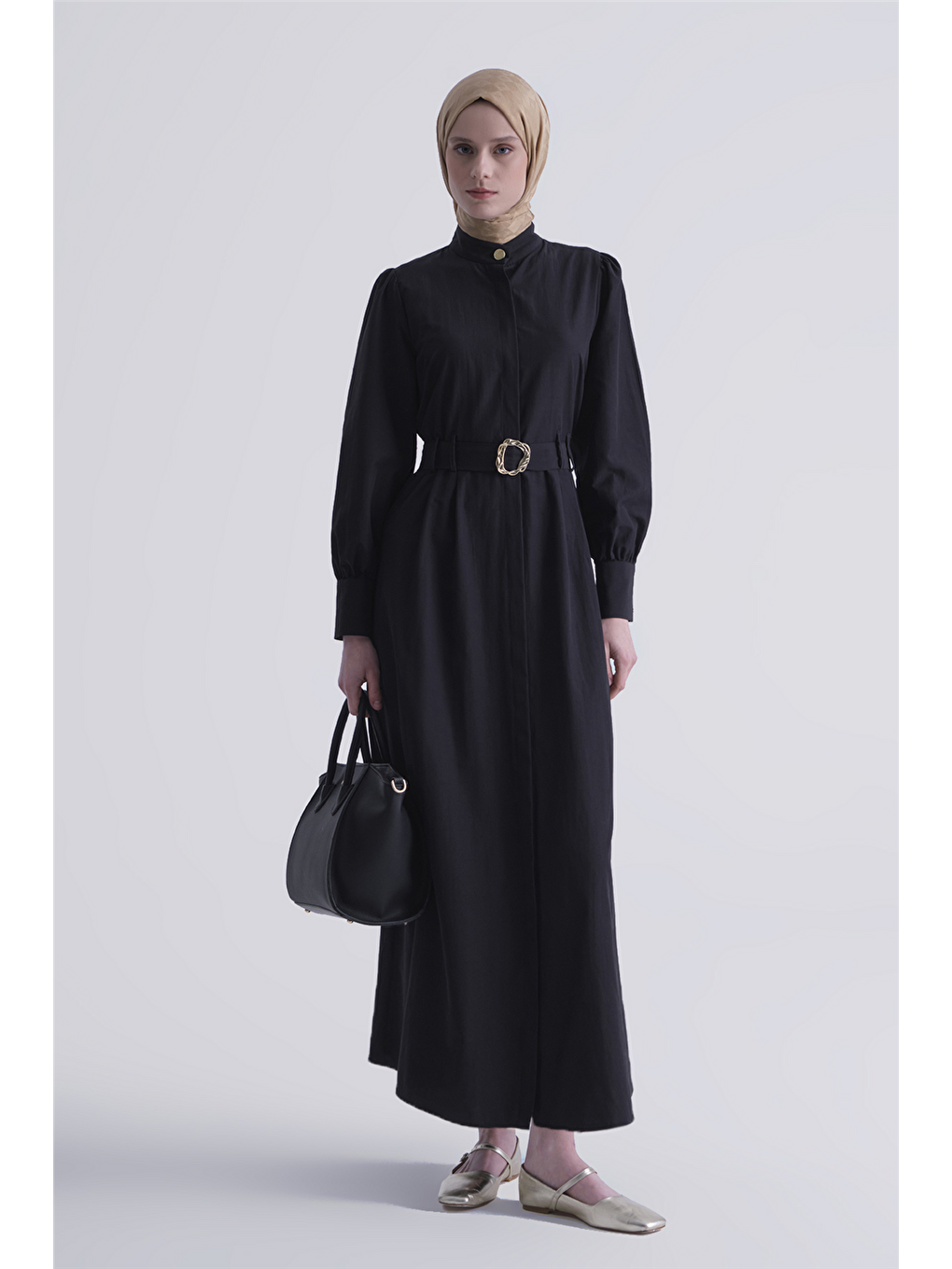 Gold Düğmeli Kemerli Poplin Elbise Siyah-1