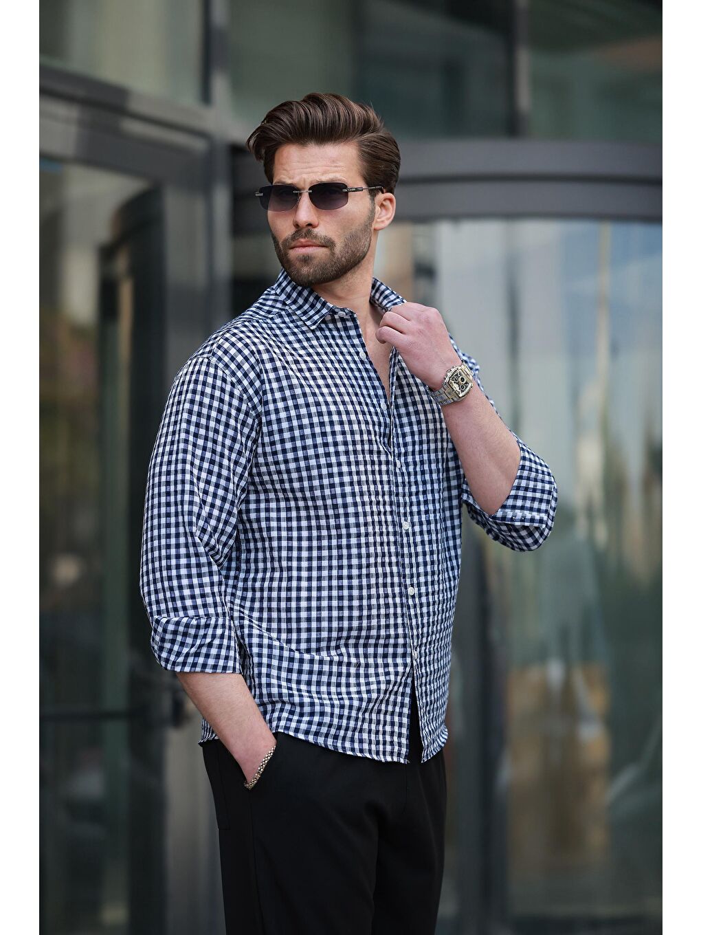 Lacivert Pötikareli Uzun Kollu Erkek Gömlek E6763-1