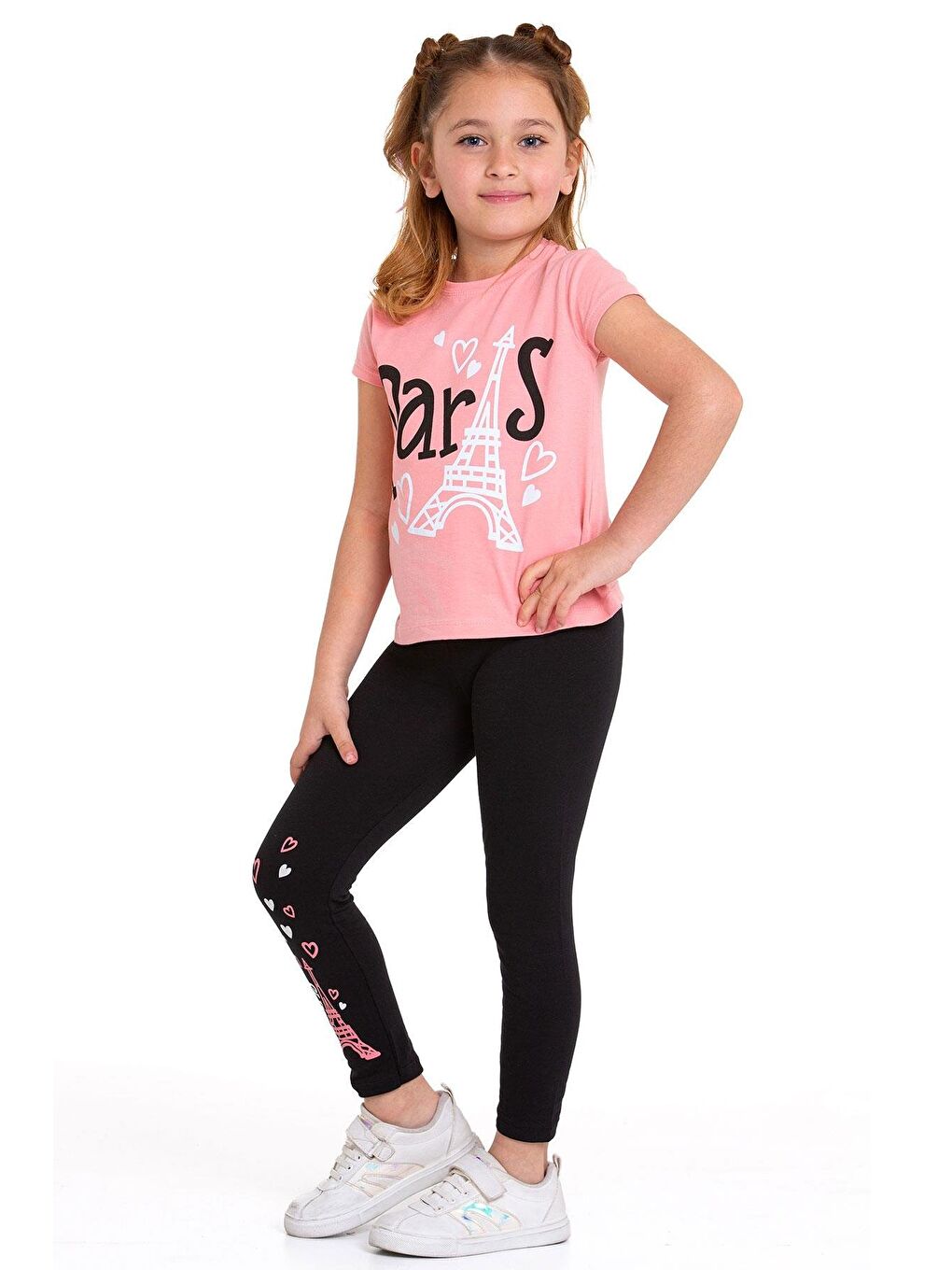 Pembe Paris Yazı Baskılı Pudra Renk Kız Çocuk Taytlı Takım