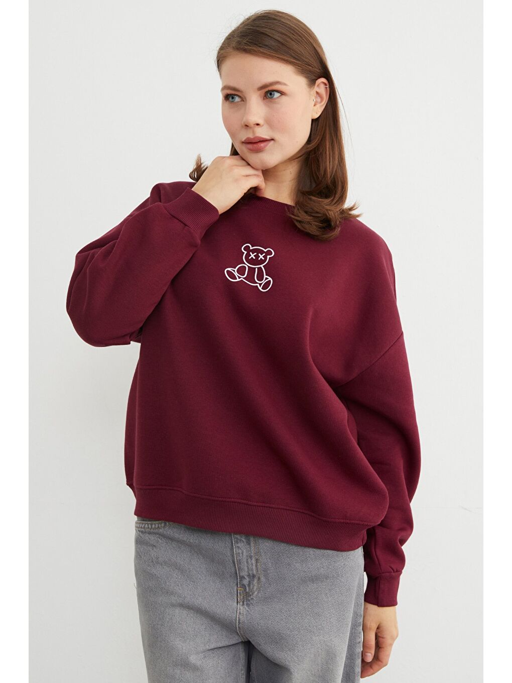 Bordo 3 İplik Ayıcık Baskılı Bisiklet Yaka Sweatshirt-2