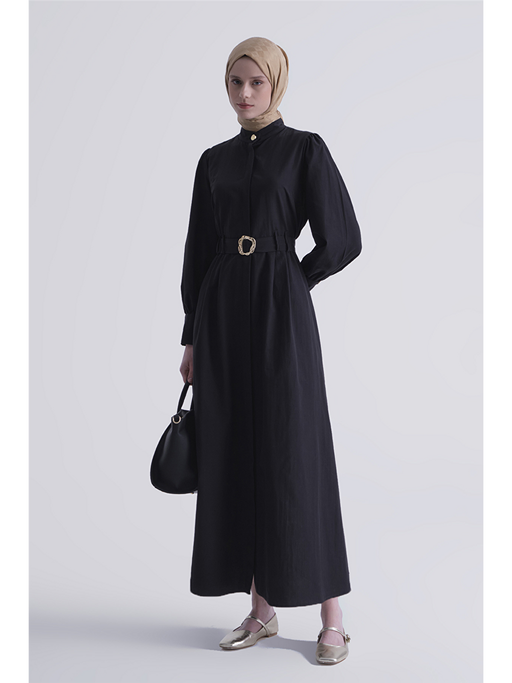 Gold Düğmeli Kemerli Poplin Elbise Siyah-2