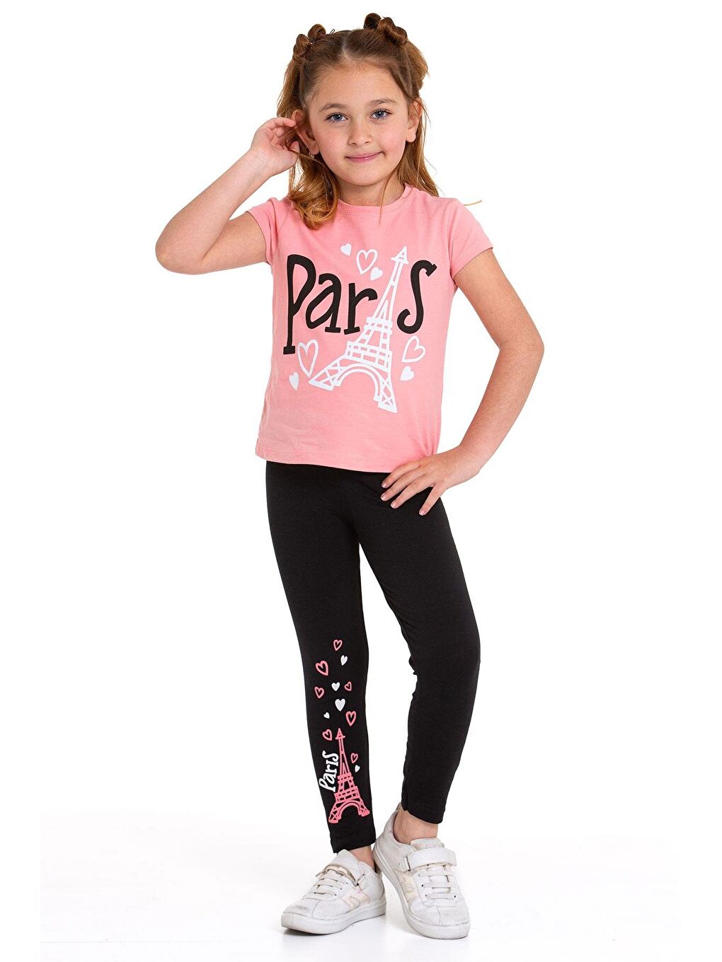 Pembe Paris Yazı Baskılı Pudra Renk Kız Çocuk Taytlı Takım-1