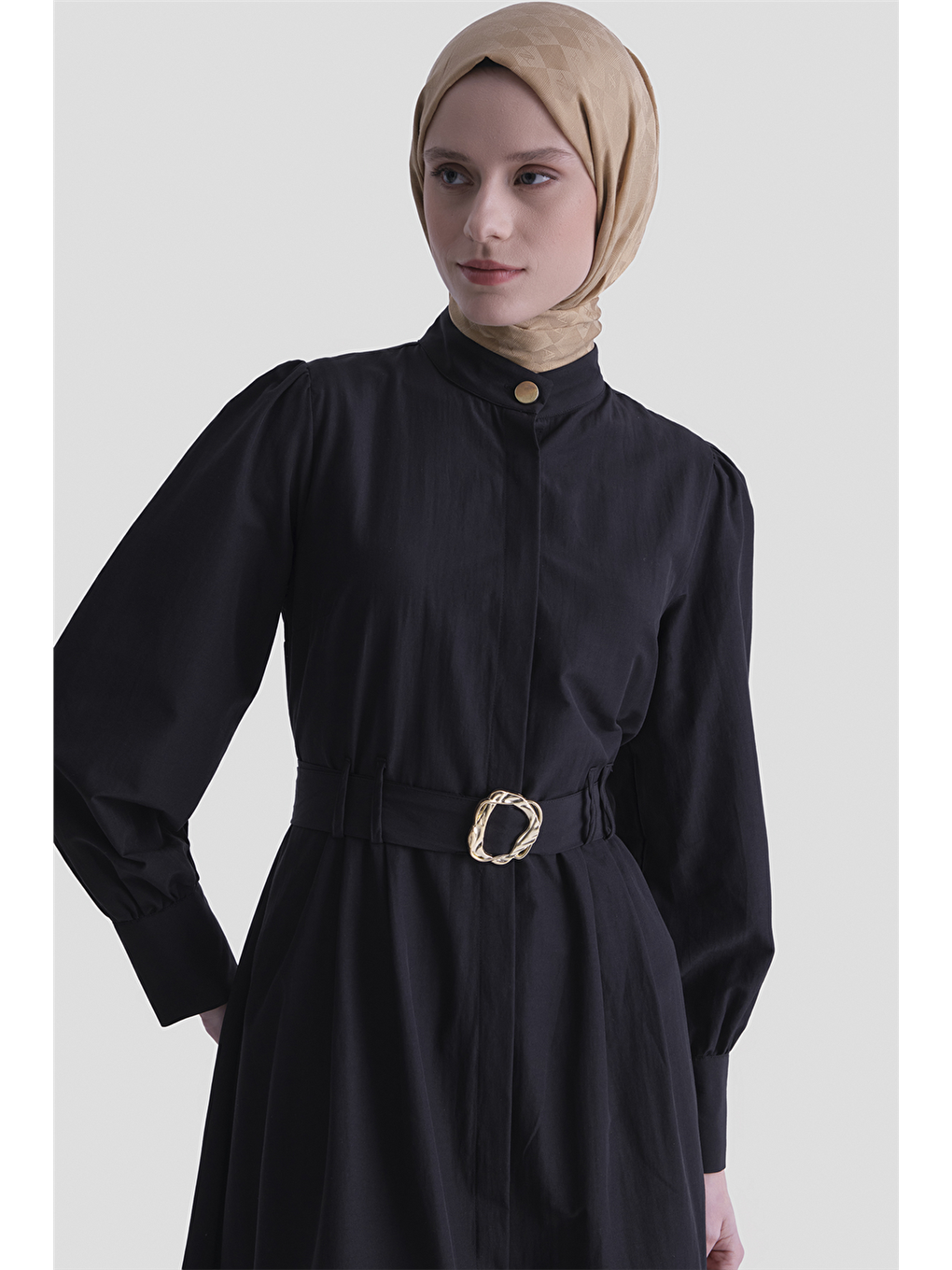 Gold Düğmeli Kemerli Poplin Elbise Siyah-4