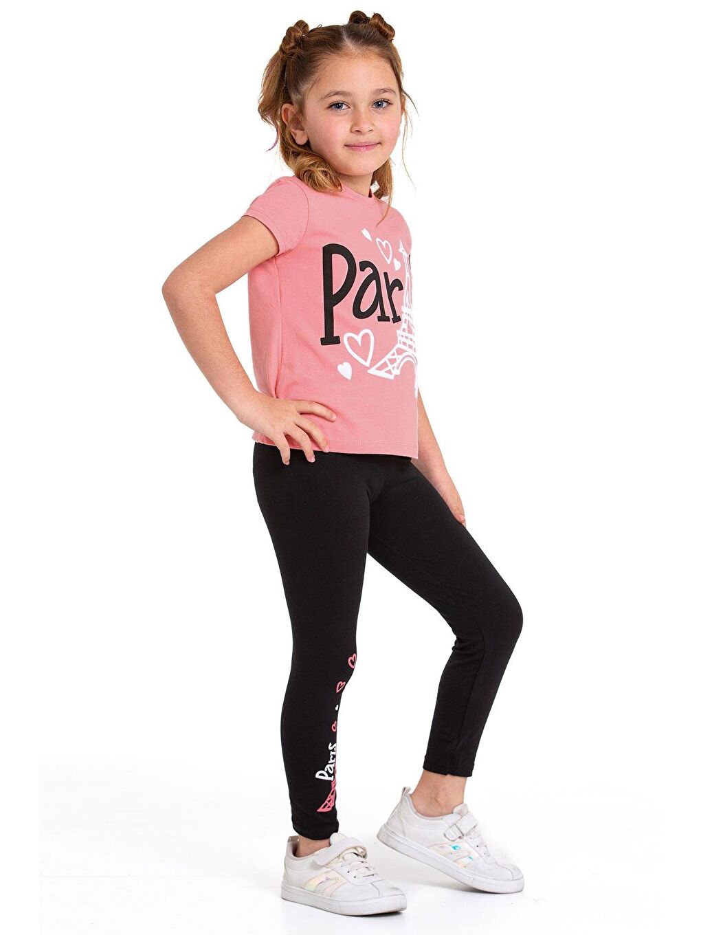 Pembe Paris Yazı Baskılı Pudra Renk Kız Çocuk Taytlı Takım-3