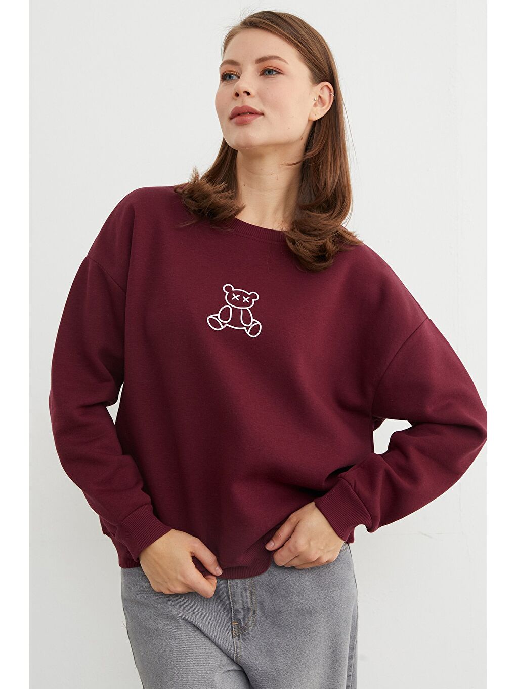 Bordo 3 İplik Ayıcık Baskılı Bisiklet Yaka Sweatshirt-3