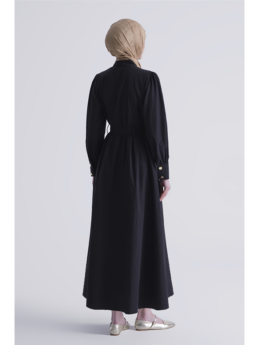 Gold Düğmeli Kemerli Poplin Elbise Siyah-5