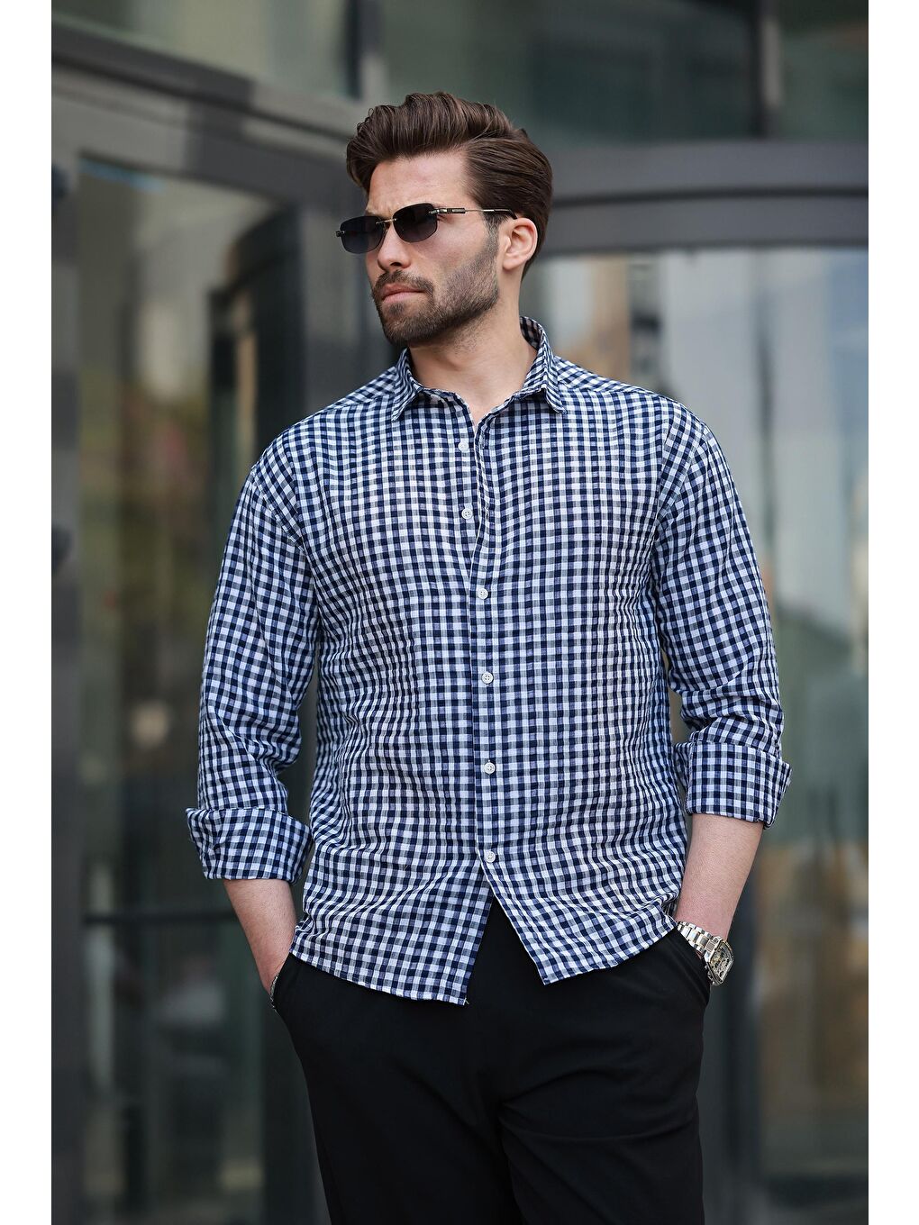 Lacivert Pötikareli Uzun Kollu Erkek Gömlek E6763-2