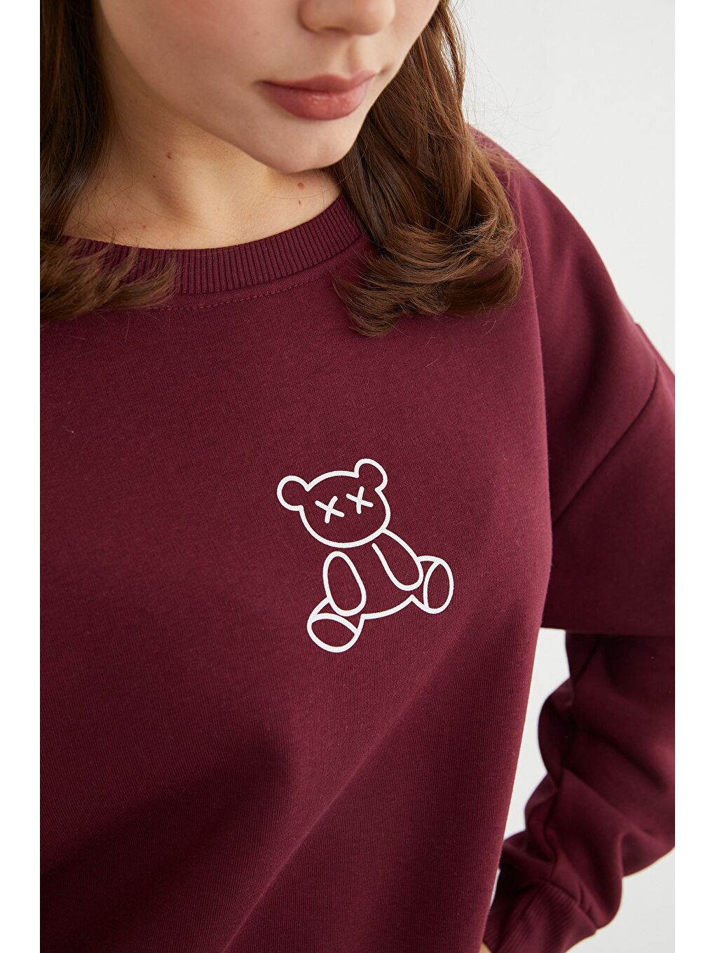 Bordo 3 İplik Ayıcık Baskılı Bisiklet Yaka Sweatshirt-4