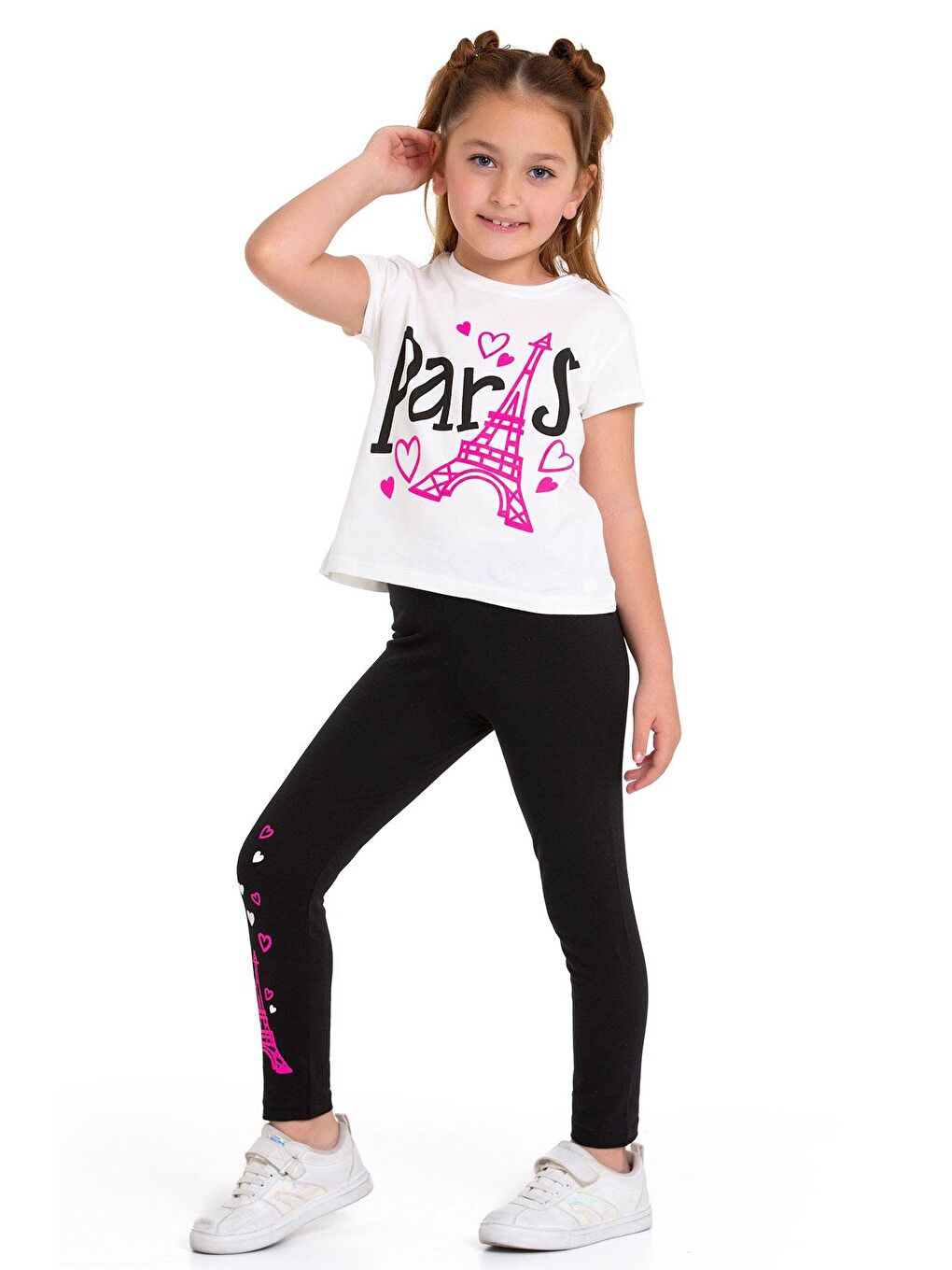 Paris Yazı Baskılı Ekru Renk Kız Çocuk Taytlı Takım