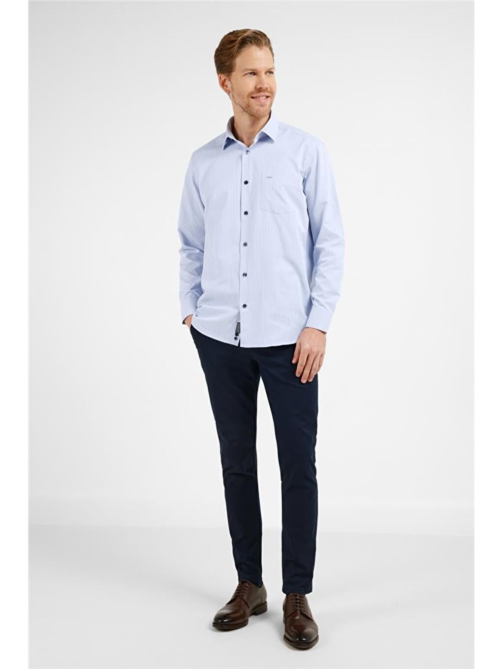 Mavi - Lacivert Çizgili Desen Sert Yaka Uzun Kol Cepli Comfort Fit Pamuklu Gömlek 1004255276-1