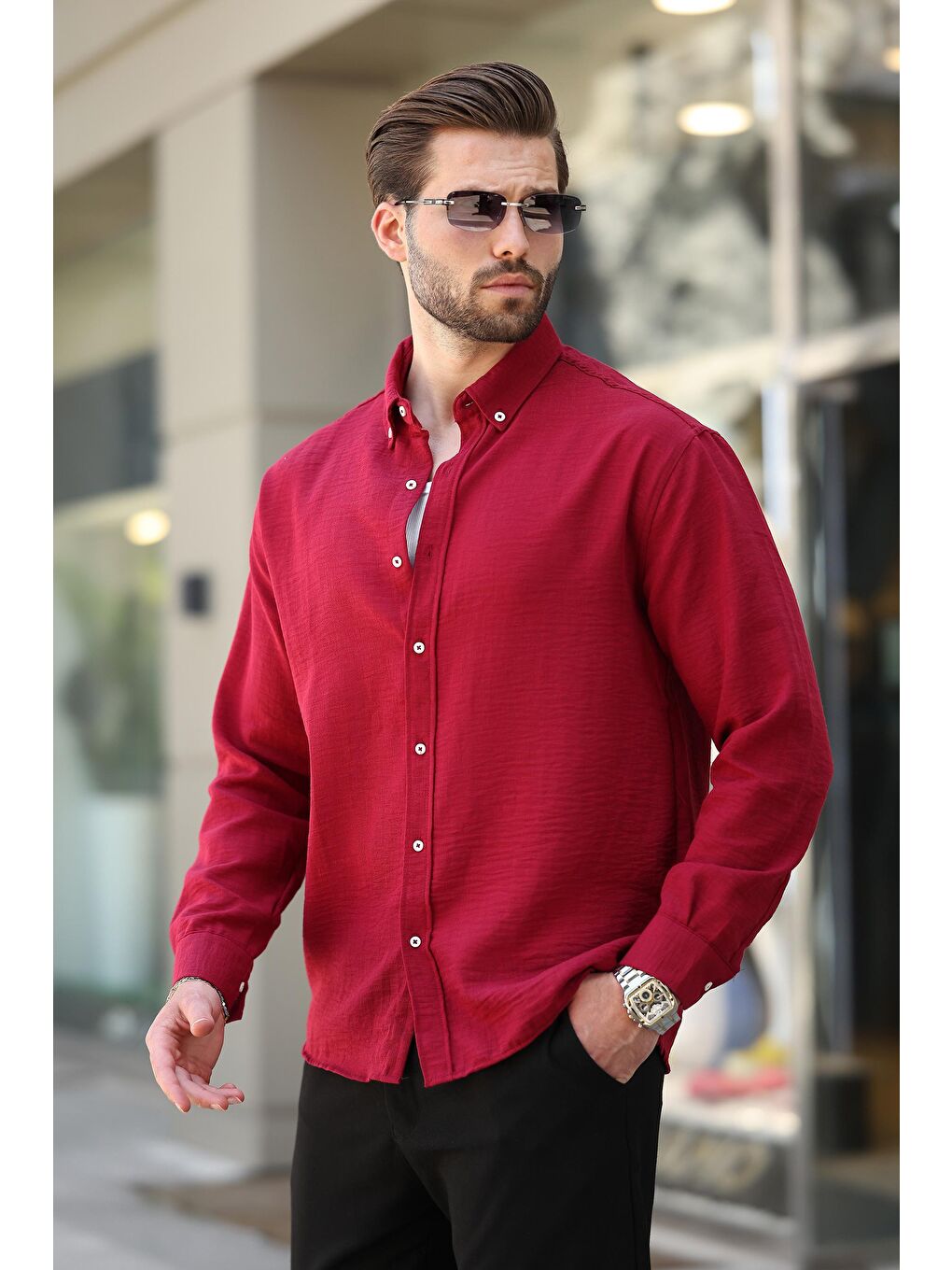 Bordo Uzun Kollu Oversize Erkek %100 Pamuk Gömlek 6735