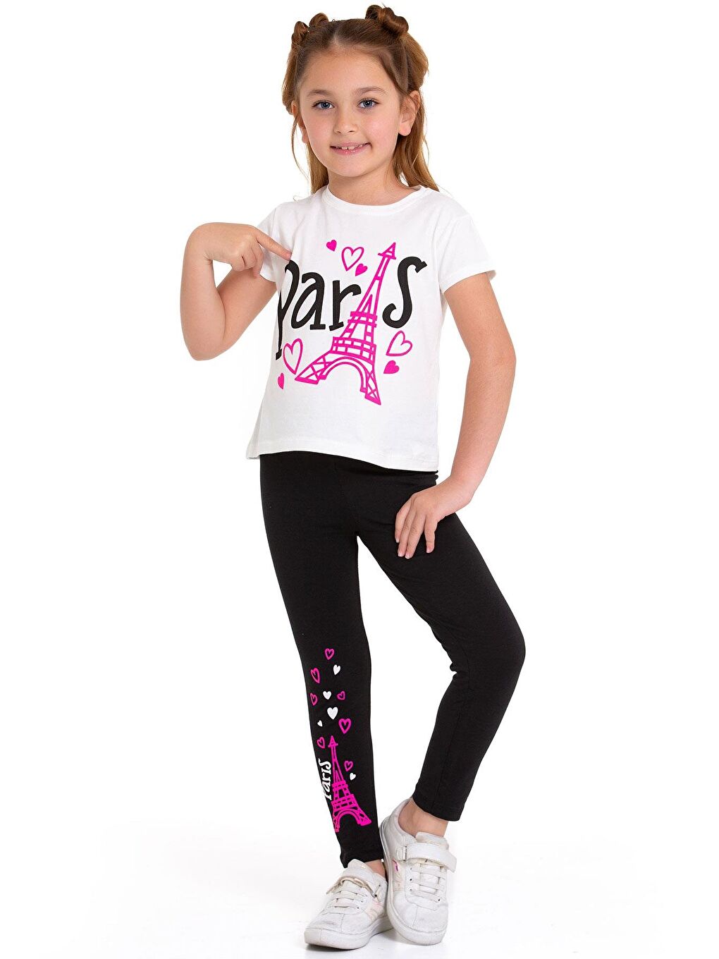 Paris Yazı Baskılı Ekru Renk Kız Çocuk Taytlı Takım-1