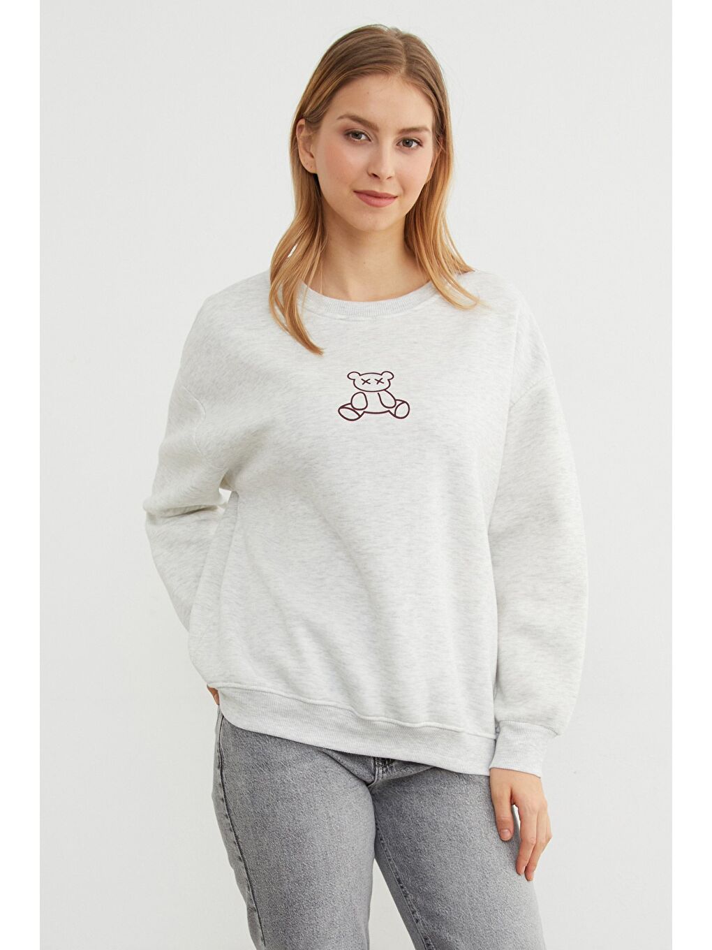 Gri 3 İplik Ayıcık Baskılı Bisiklet Yaka Sweatshirt