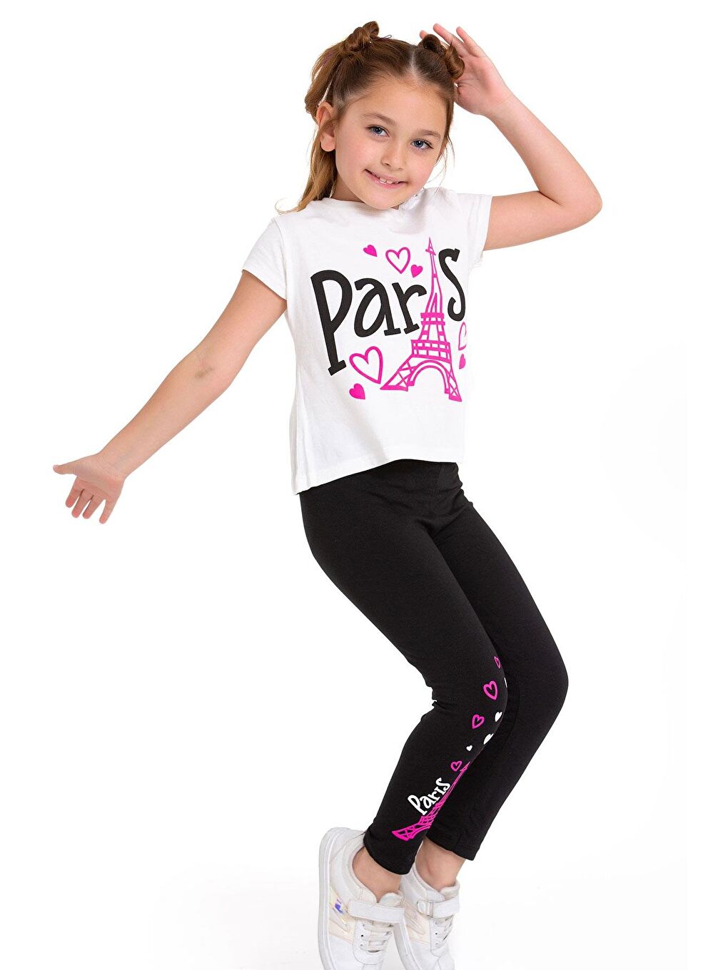 Paris Yazı Baskılı Ekru Renk Kız Çocuk Taytlı Takım-3