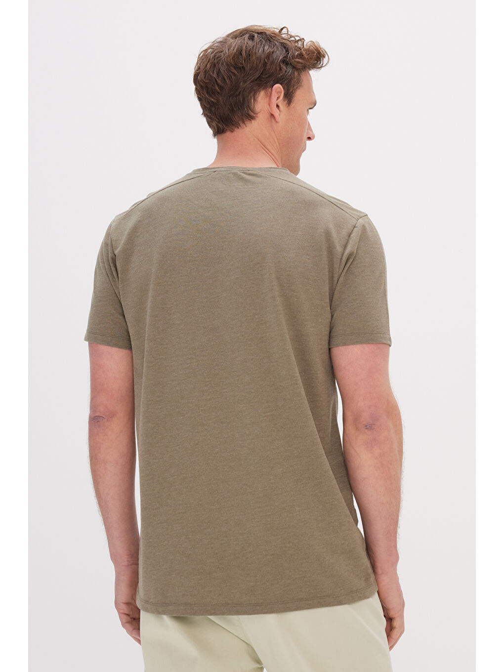 Erkek Haki Slim Fit Dar Kesim Pamuklu Bisiklet Yaka Tişört-6