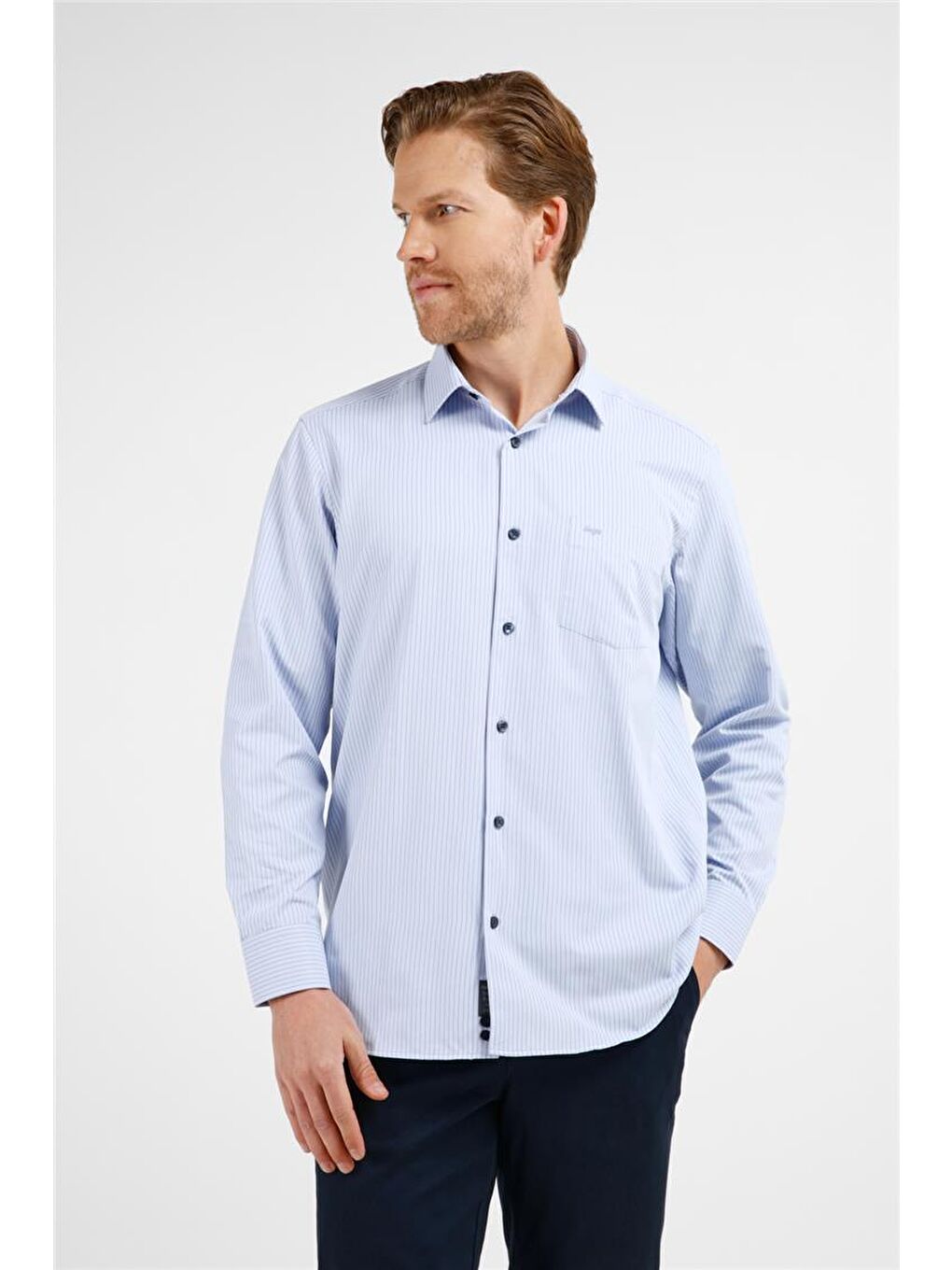 Mavi - Lacivert Çizgili Desen Sert Yaka Uzun Kol Cepli Comfort Fit Pamuklu Gömlek 1004255276-2