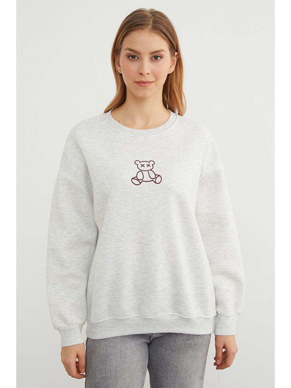 Gri 3 İplik Ayıcık Baskılı Bisiklet Yaka Sweatshirt-1