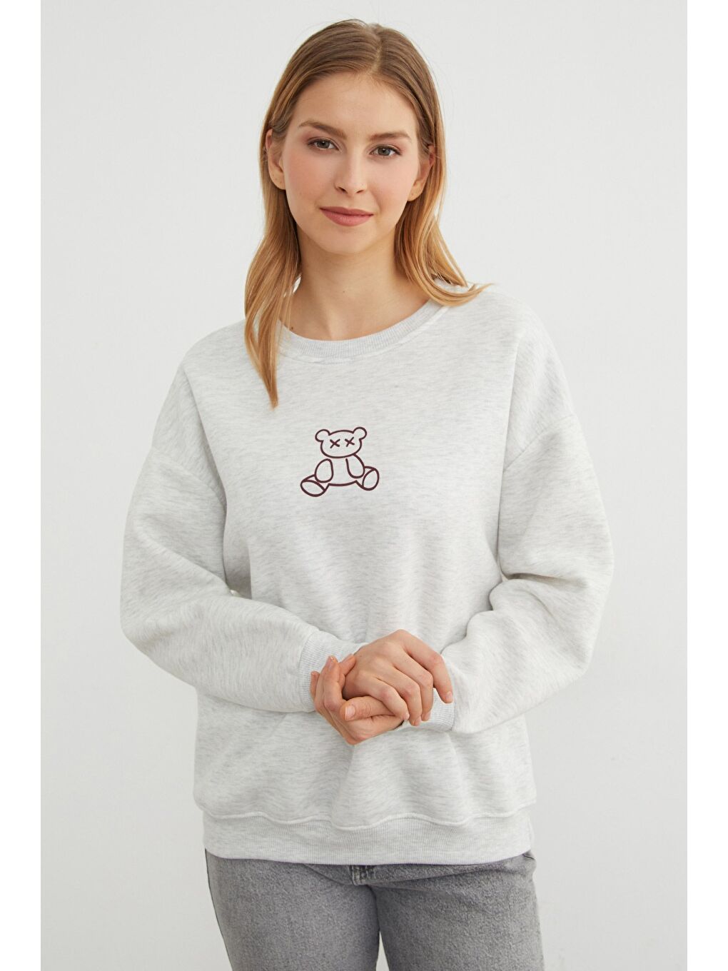 Gri 3 İplik Ayıcık Baskılı Bisiklet Yaka Sweatshirt-2