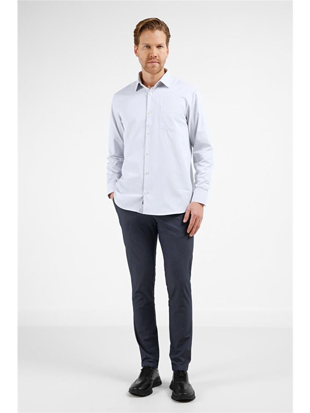 Lila Ekru-Siyah Çizgili Desen Sert Yaka Uzun Kol Cepli Comfort Fit Pamuklu Gömlek 1004255276-1