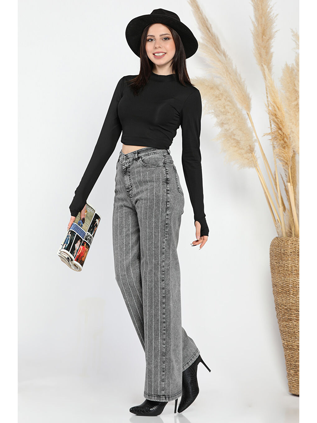 Antrasit Yüksel Bel Taş Detaylı Palazzo Jean Pantolon-1