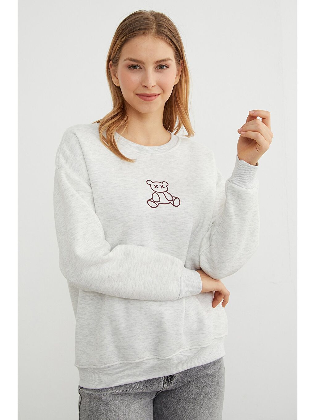 Gri 3 İplik Ayıcık Baskılı Bisiklet Yaka Sweatshirt-3