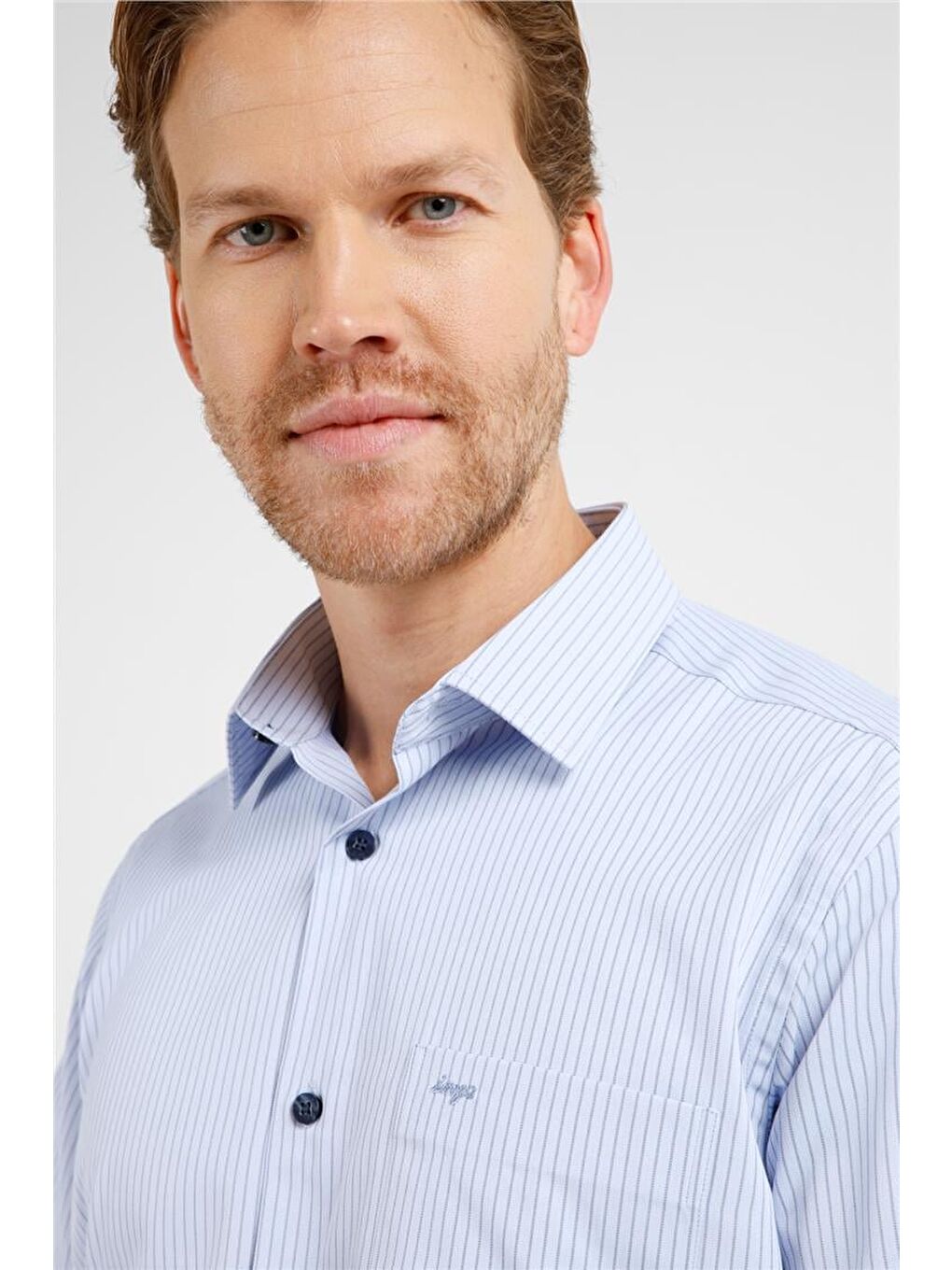 Mavi - Lacivert Çizgili Desen Sert Yaka Uzun Kol Cepli Comfort Fit Pamuklu Gömlek 1004255276-3
