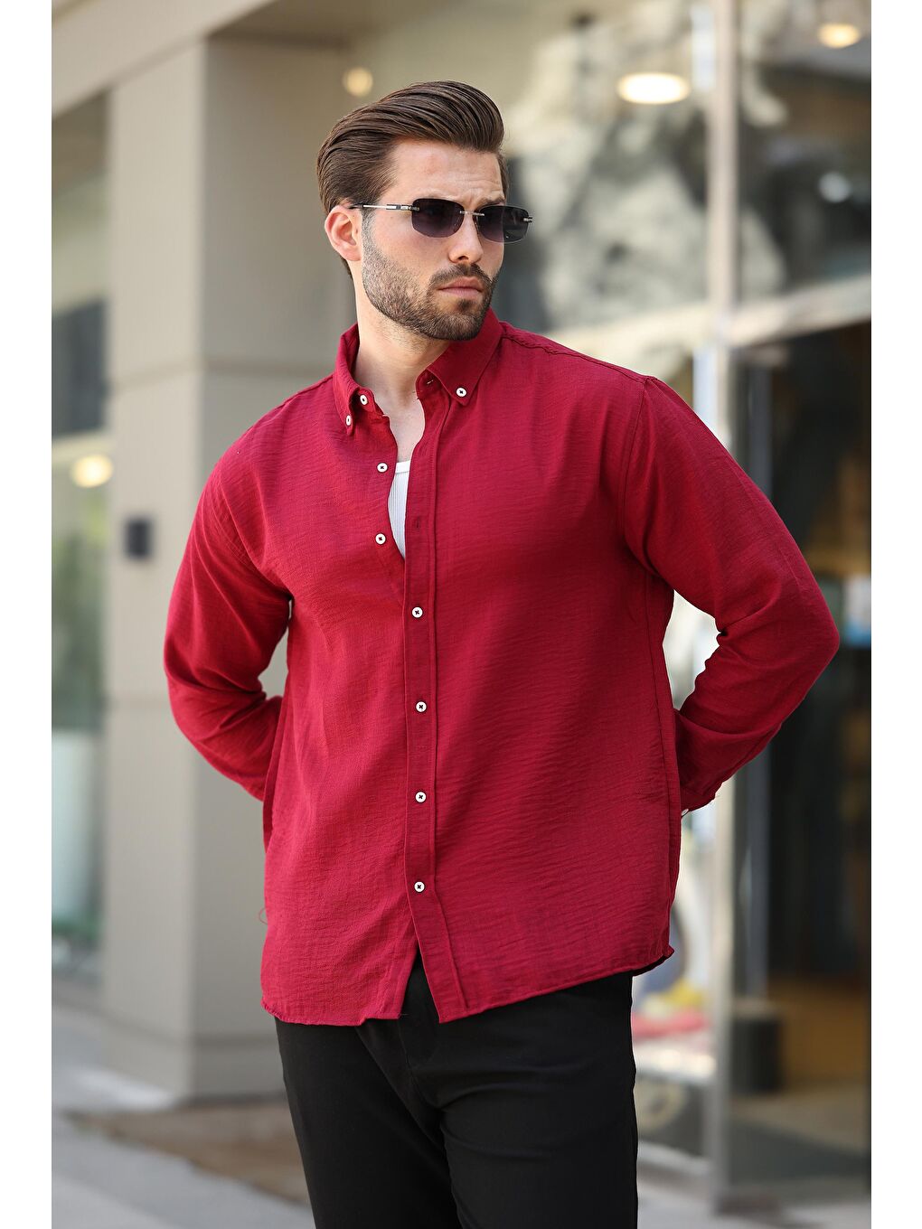 Bordo Uzun Kollu Oversize Erkek %100 Pamuk Gömlek 6735-1