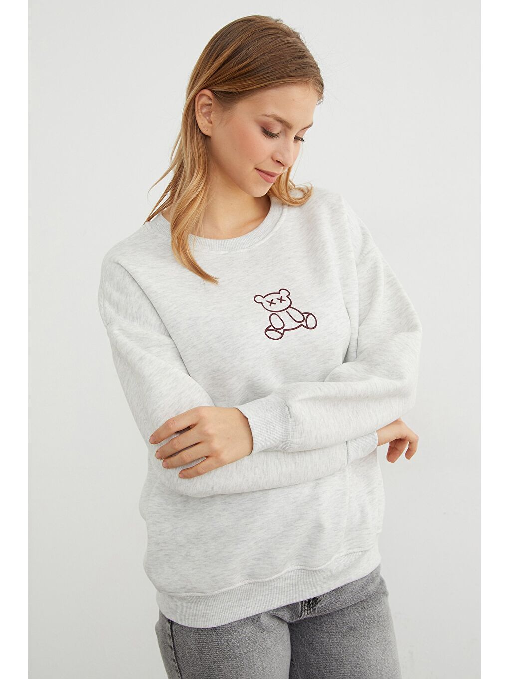 Gri 3 İplik Ayıcık Baskılı Bisiklet Yaka Sweatshirt-4