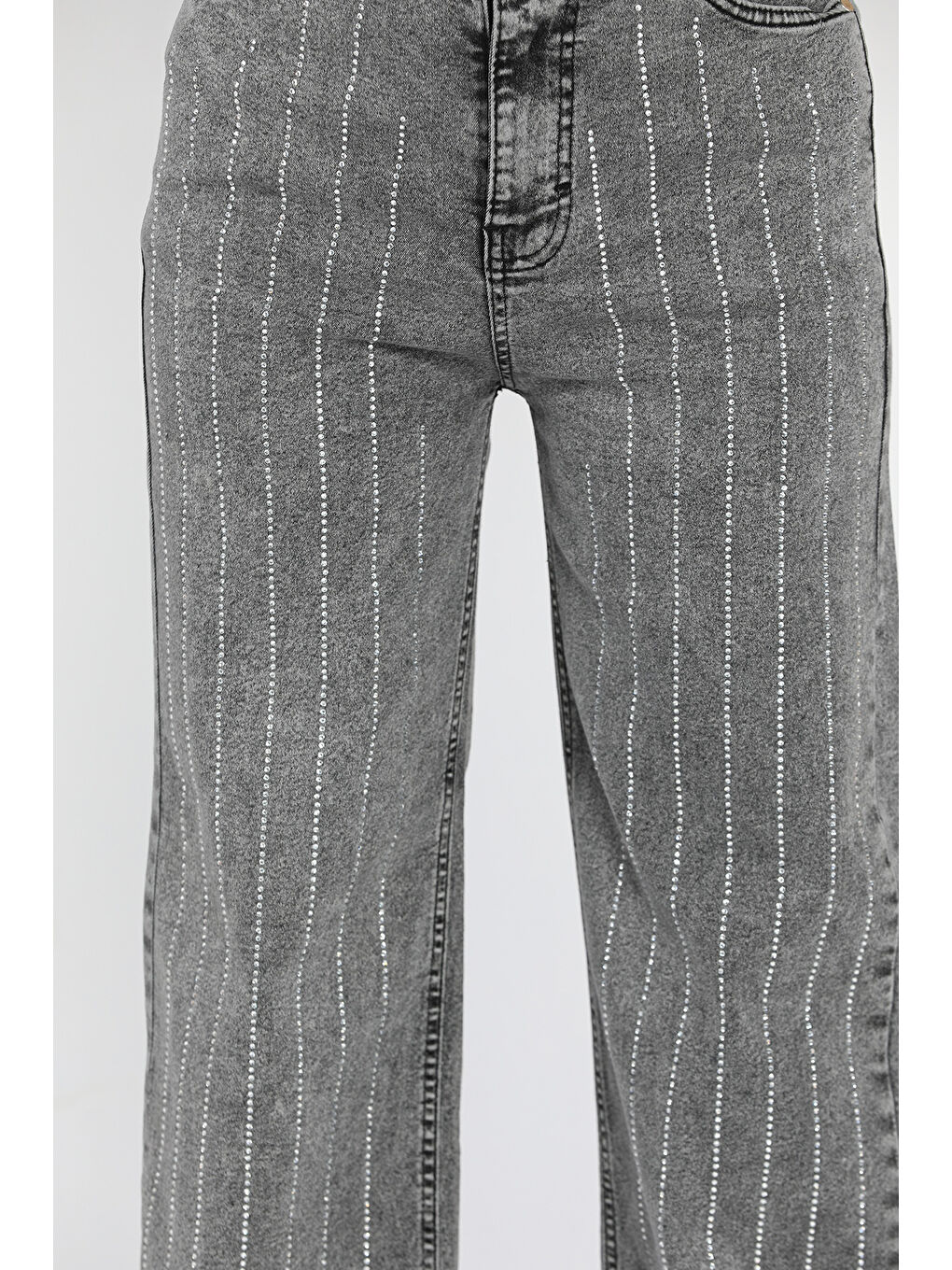 Antrasit Yüksel Bel Taş Detaylı Palazzo Jean Pantolon-2