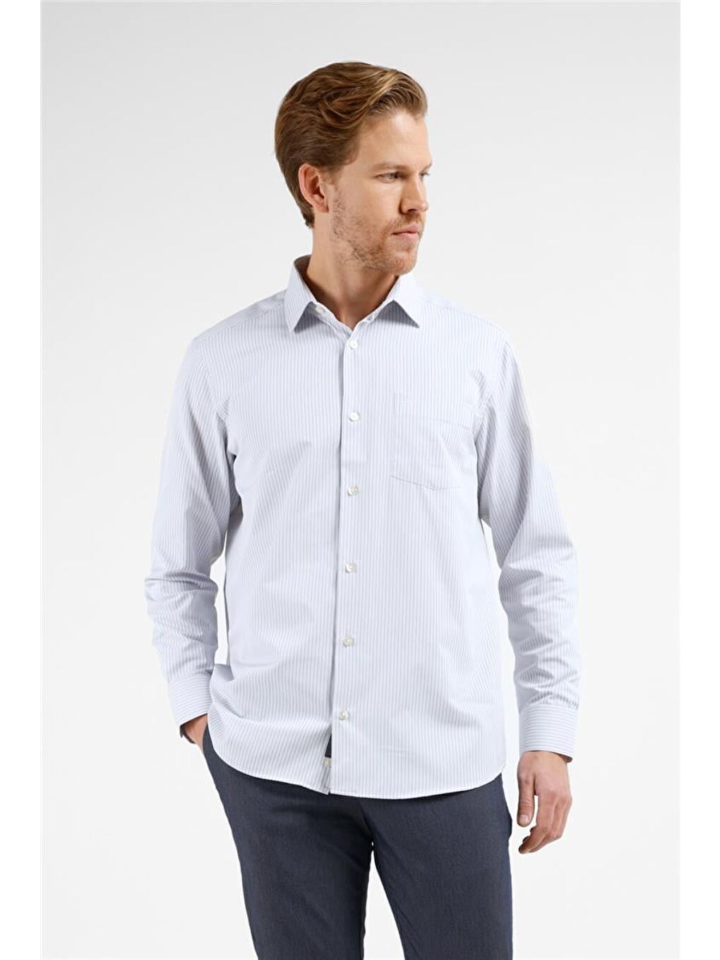 Lila Ekru-Siyah Çizgili Desen Sert Yaka Uzun Kol Cepli Comfort Fit Pamuklu Gömlek 1004255276-2