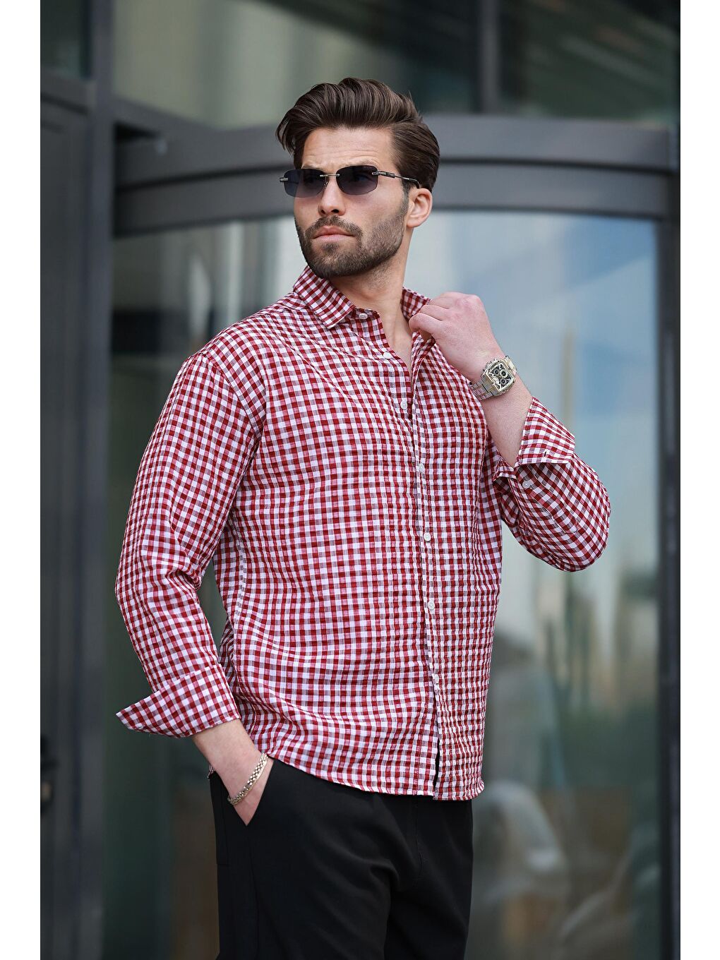 Bordo Pötikareli Uzun Kollu Erkek Gömlek E6763-1