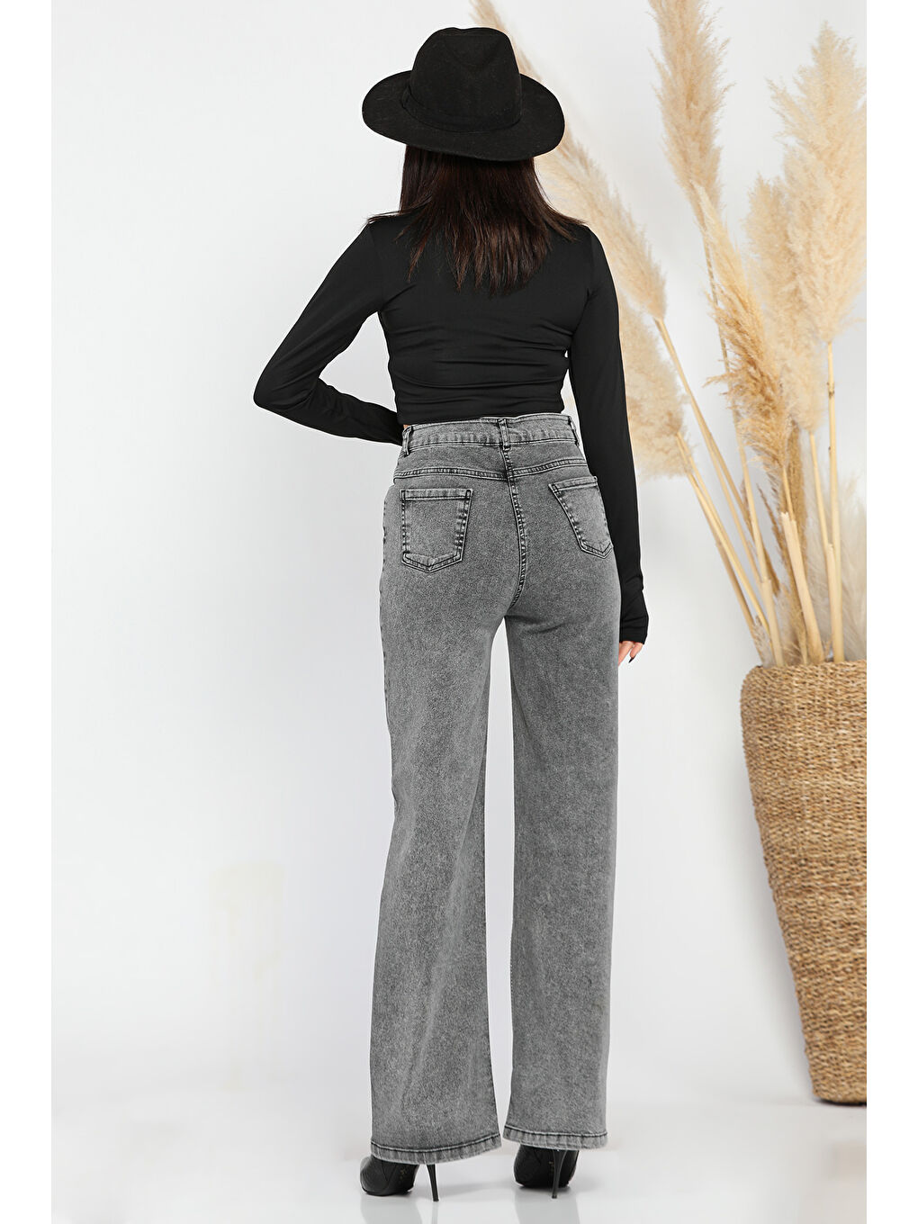 Antrasit Yüksel Bel Taş Detaylı Palazzo Jean Pantolon-3