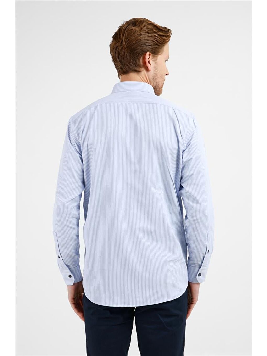 Mavi - Lacivert Çizgili Desen Sert Yaka Uzun Kol Cepli Comfort Fit Pamuklu Gömlek 1004255276-4