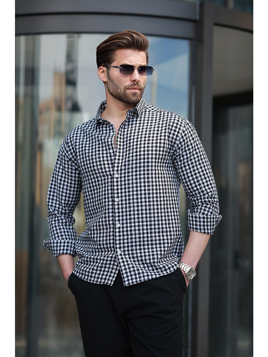 Siyah Pötikareli Uzun Kollu Erkek Gömlek E6763