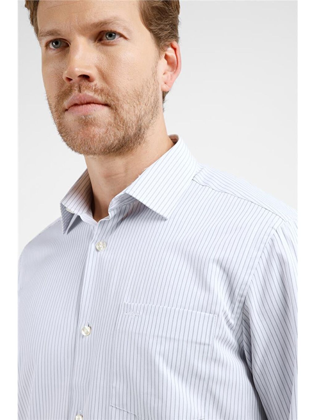 Lila Ekru-Siyah Çizgili Desen Sert Yaka Uzun Kol Cepli Comfort Fit Pamuklu Gömlek 1004255276-3