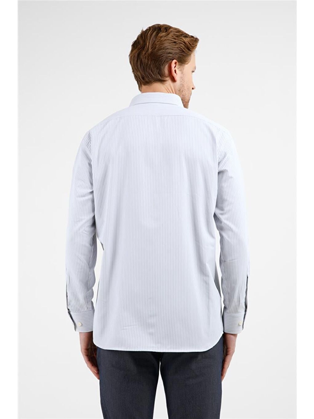 Lila Ekru-Siyah Çizgili Desen Sert Yaka Uzun Kol Cepli Comfort Fit Pamuklu Gömlek 1004255276-4