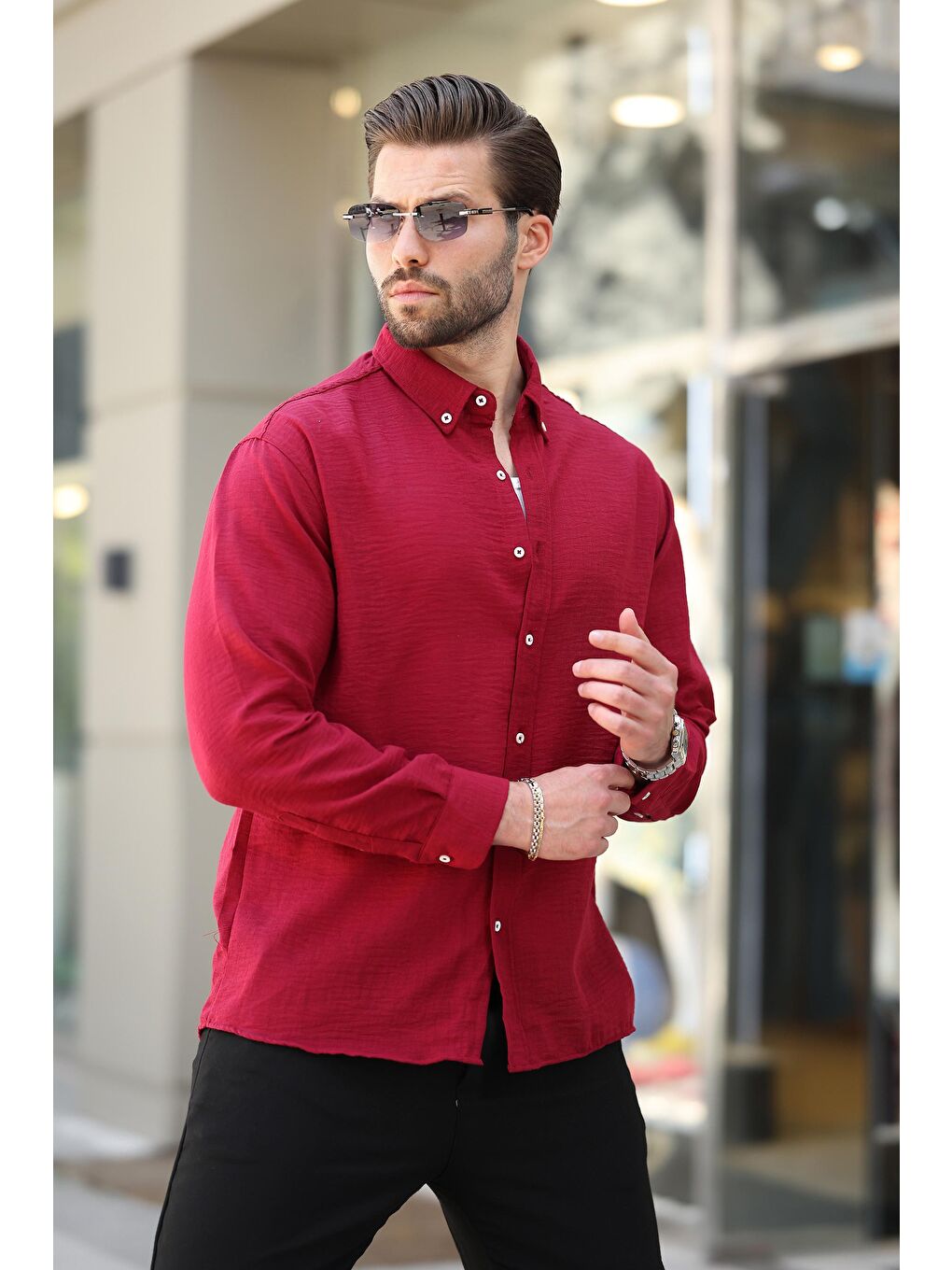 Bordo Uzun Kollu Oversize Erkek %100 Pamuk Gömlek 6735-2
