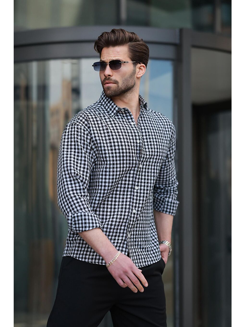 Siyah Pötikareli Uzun Kollu Erkek Gömlek E6763-1