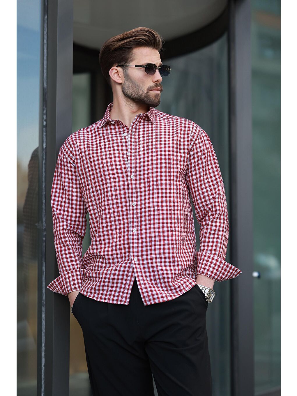 Bordo Pötikareli Uzun Kollu Erkek Gömlek E6763-2