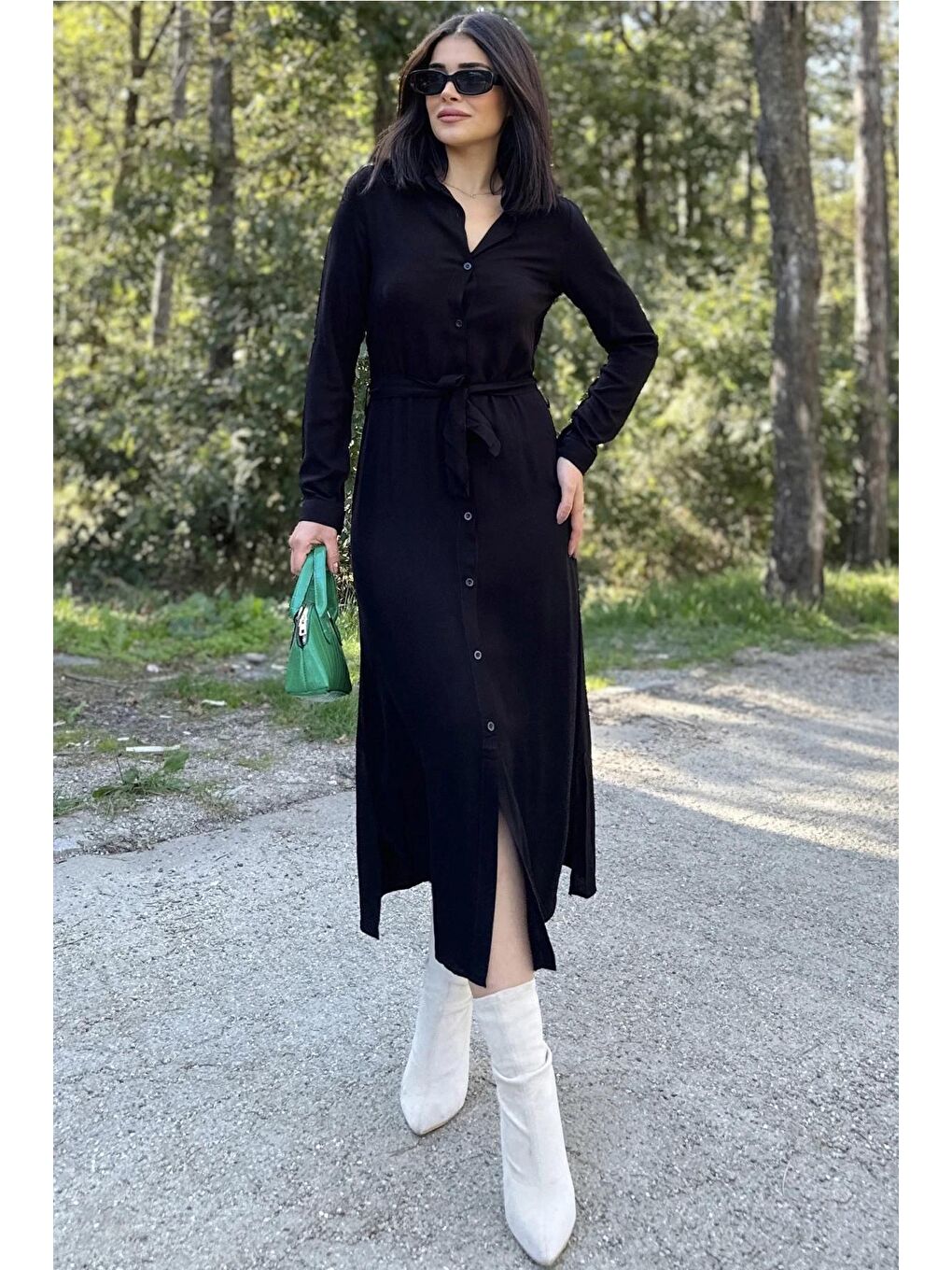 Siyah Uzun Viskon Gömlek Elbise