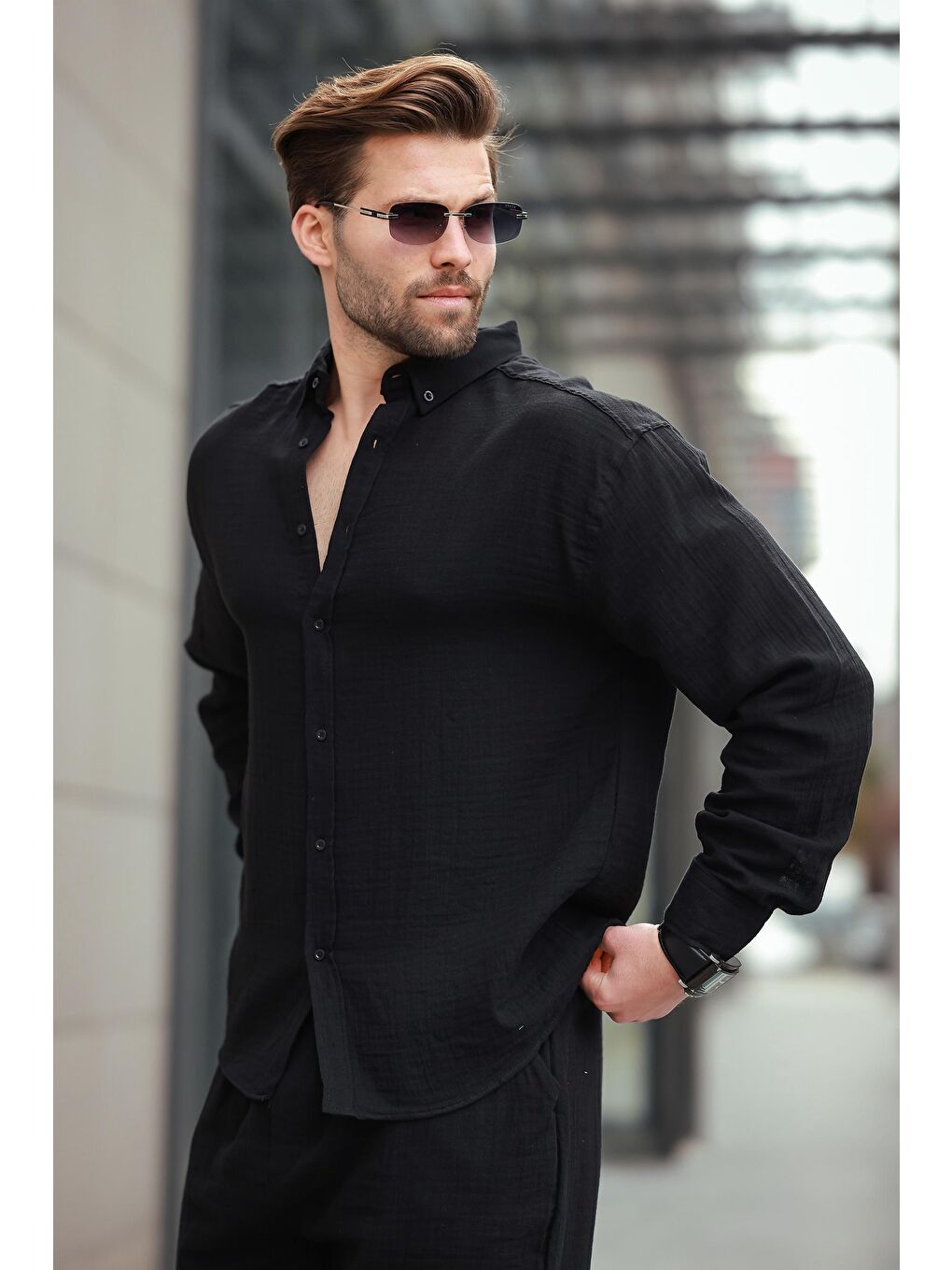 Siyah Mavi Basic %100 Pamuklu Uzun Kollu Erkek Gömlek E6761