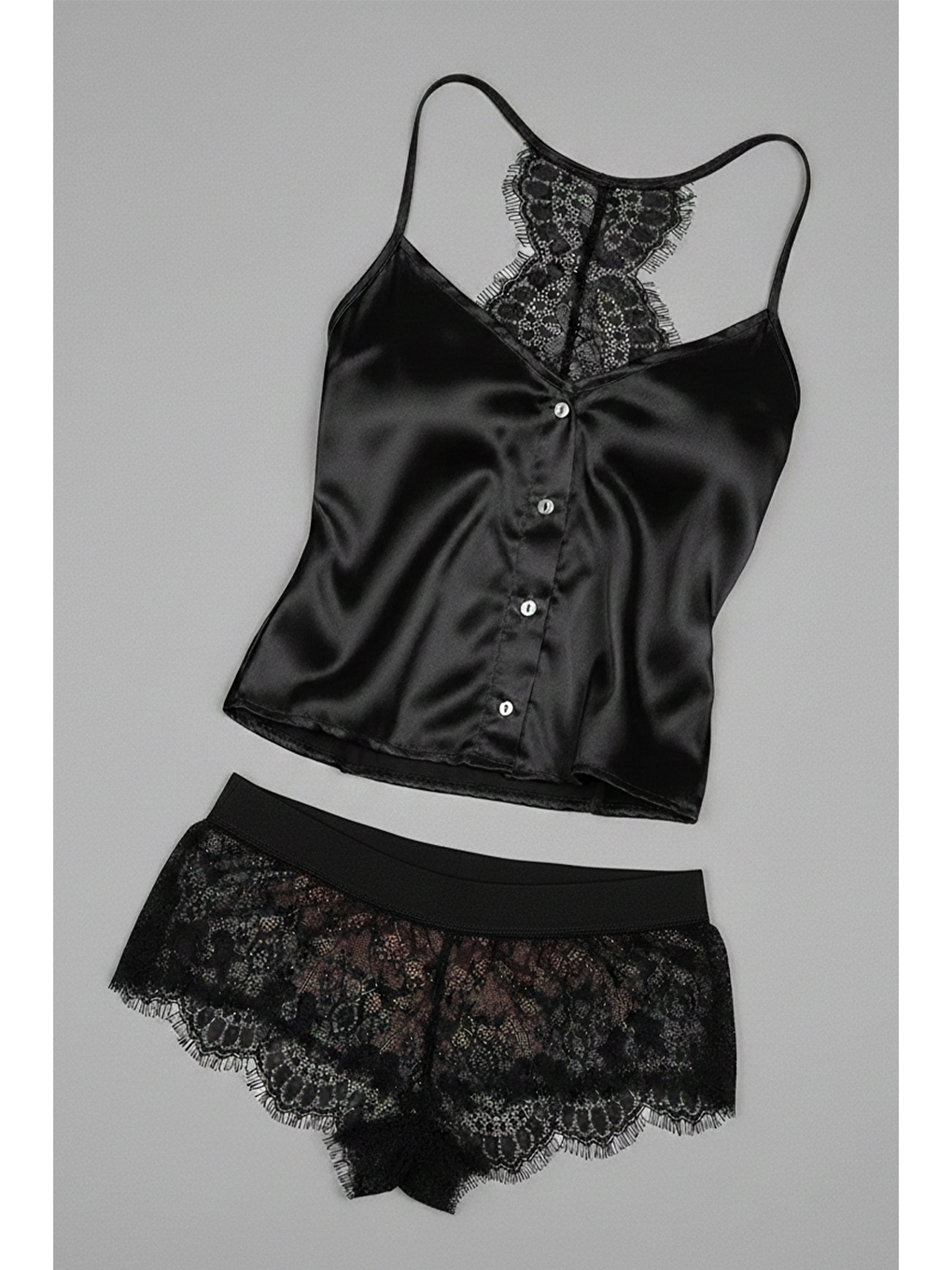 Saten Dantel Detaylı Şortlu Takım Siyah