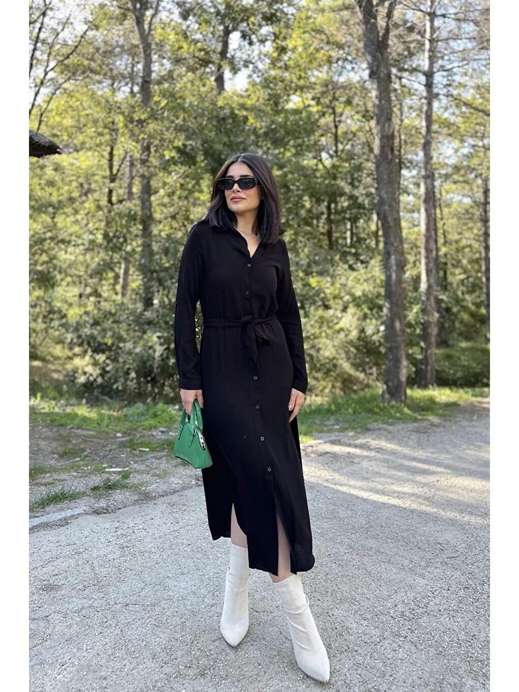 Siyah Uzun Viskon Gömlek Elbise-1